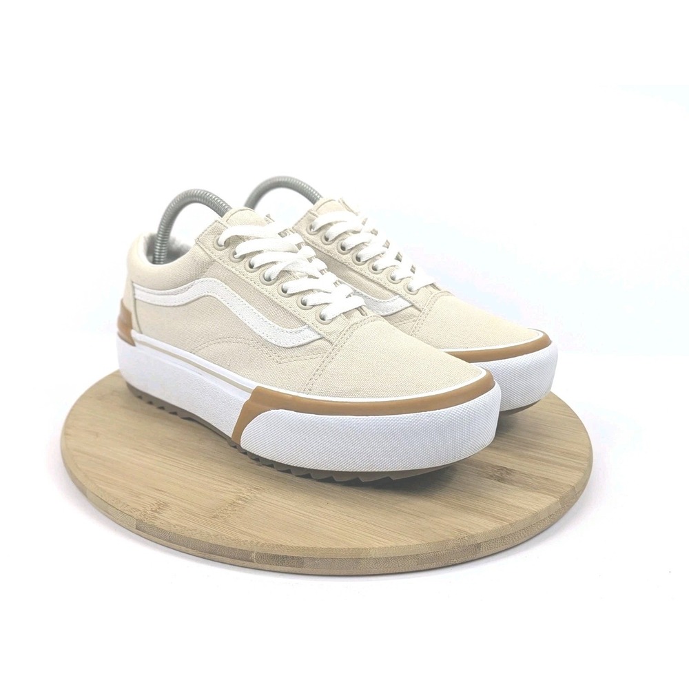 Vans Platform Shoes Womans 9.5 Stacked Canvas Tan Old Skool Sneakers Sk8 Mens 8